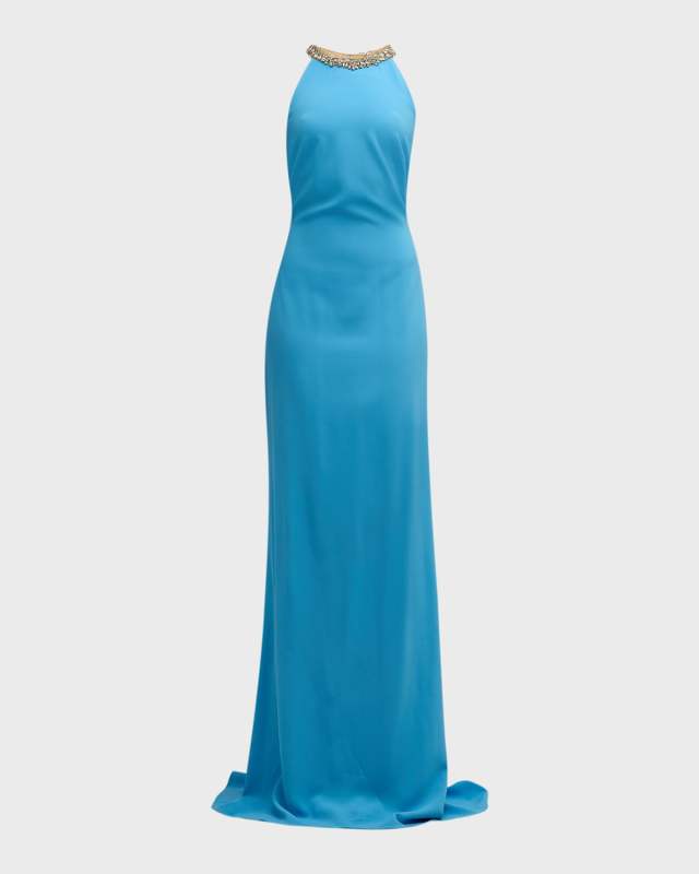 Crystal-Embroidered Open-Back Cady Gown